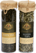 Load image into Gallery viewer, Wooden Box with 2 Glass Tubes with White Tea &amp; Premium Tippy Black Tea